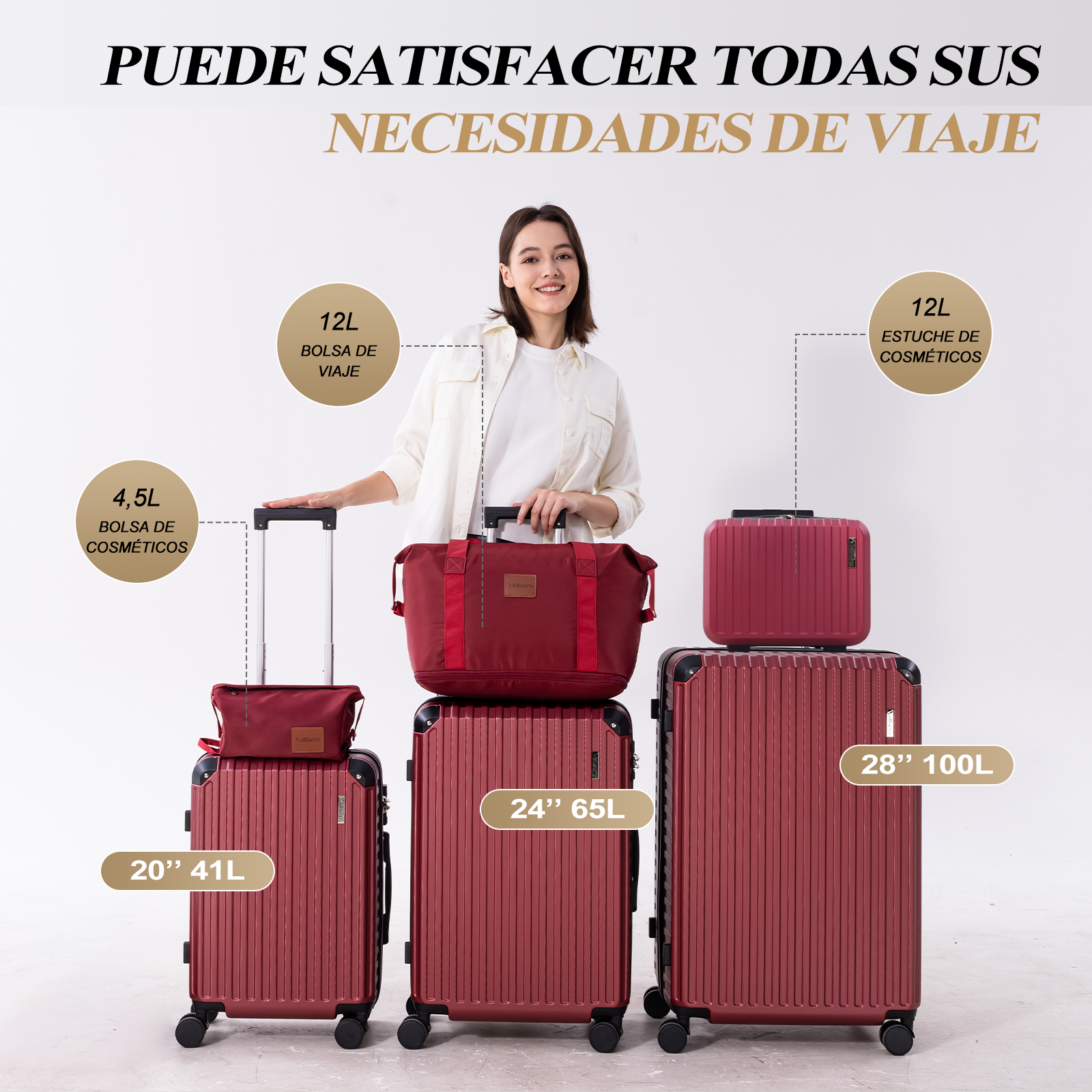 Una mujer junto a un juego de equipaje. Incluye maletas, neceseres y una bolsa de viaje, todo en color granate.