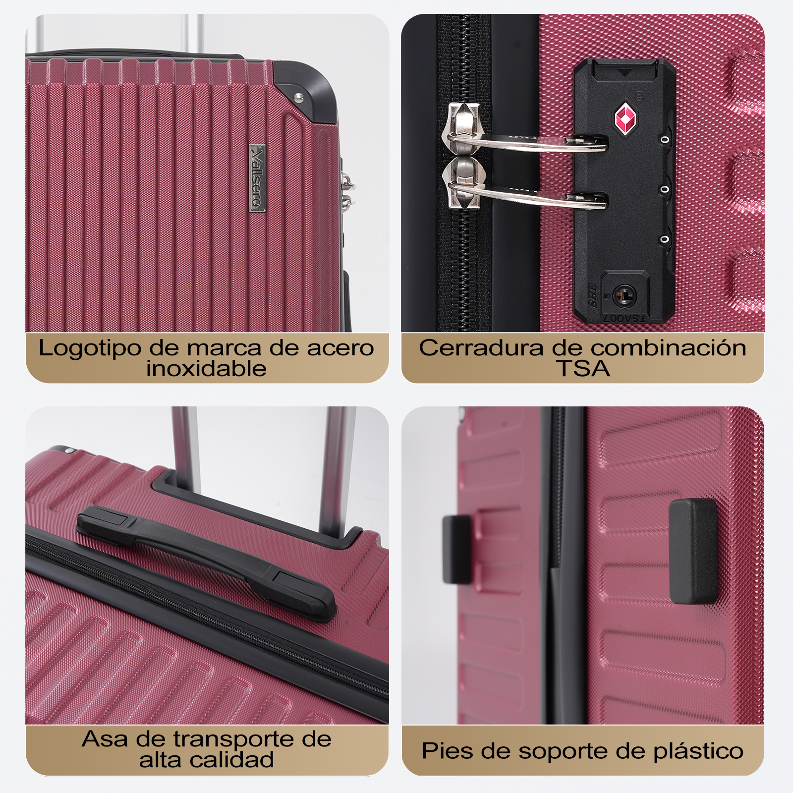 Primeros planos de una maleta burdeos. Los detalles incluyen un logotipo de marca de acero, cerradura TSA, asa de alta calidad y pies de plástico.