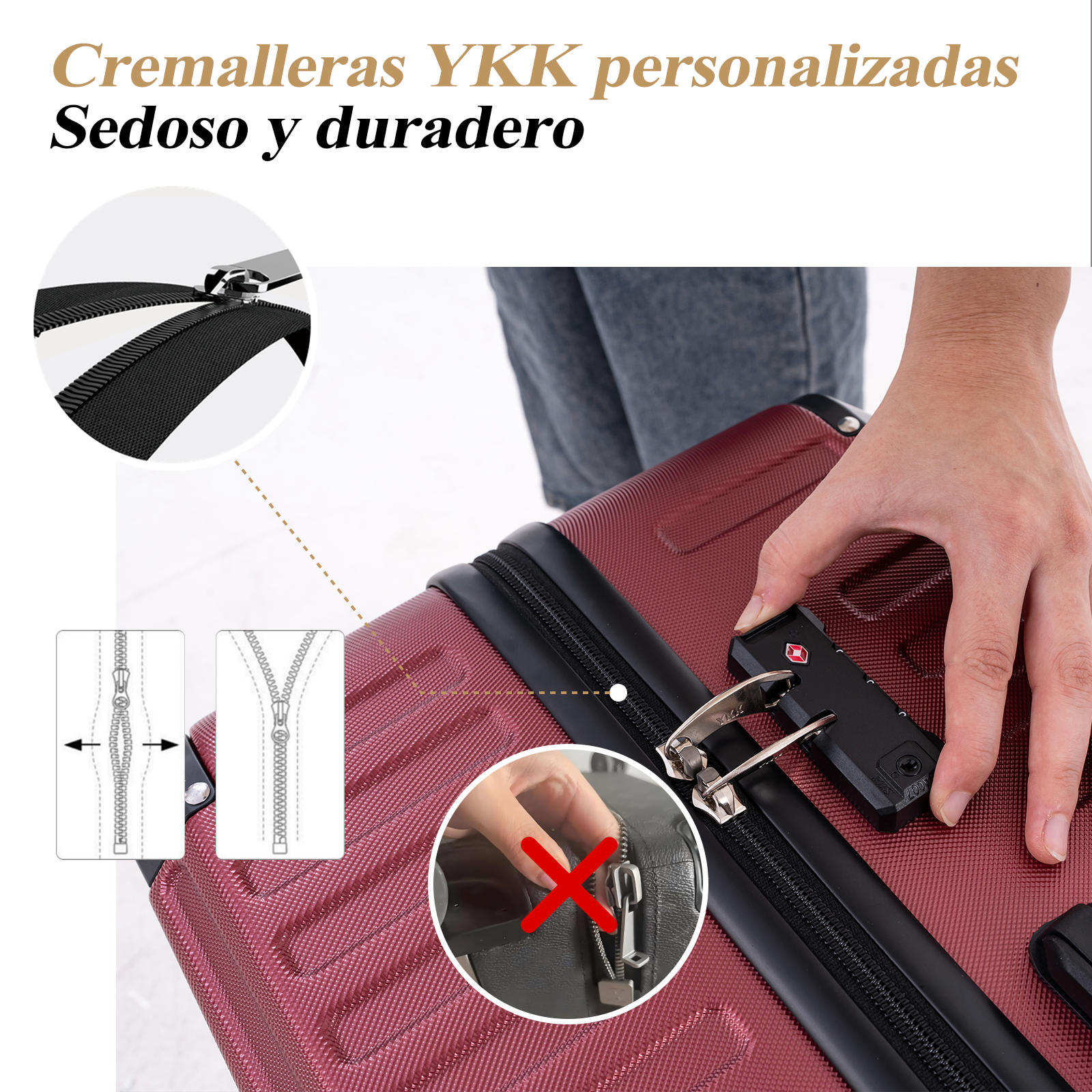 Una persona abre una maleta burdeos con una cremallera negra y un candado de combinación. Primeros planos muestran detalles de la cremallera.