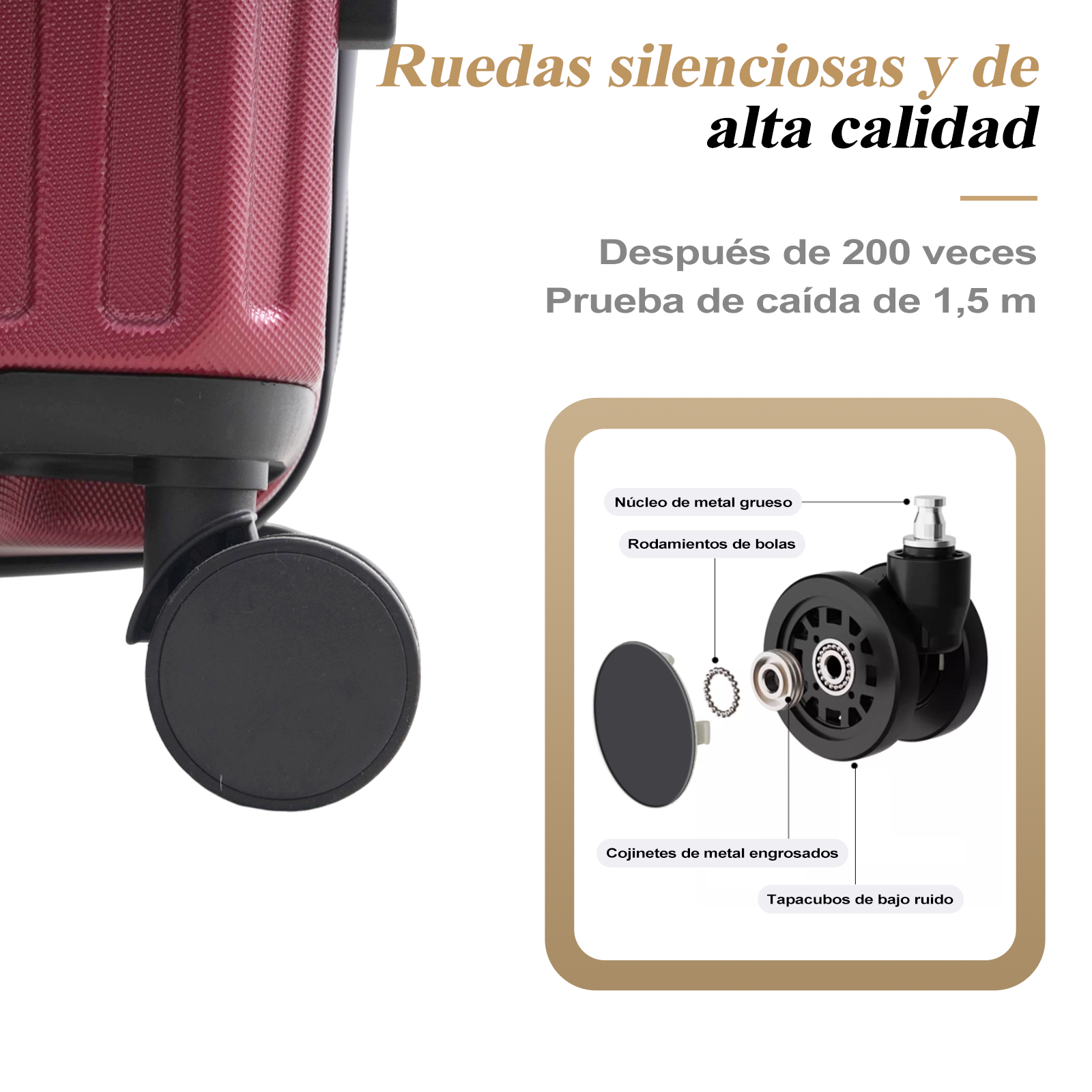 Primer plano de una rueda de maleta con componentes etiquetados. Texto: 'Ruedas silenciosas' y 'Calidad'.