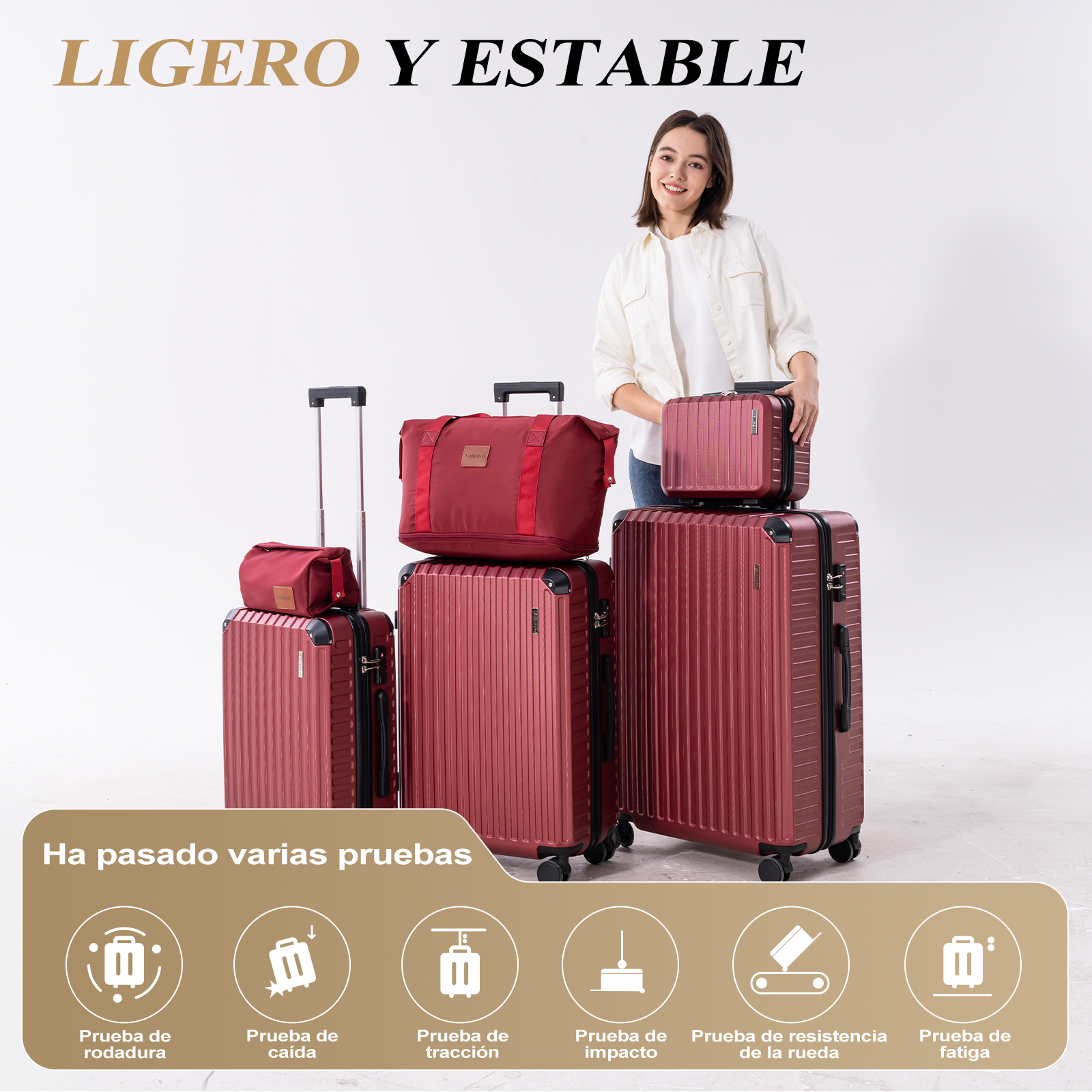 Una mujer está de pie junto a un equipaje de color burdeos. El equipaje es de varios tamaños. El fondo es blanco, y el texto dice 'LIGERO Y ESTABLE'.