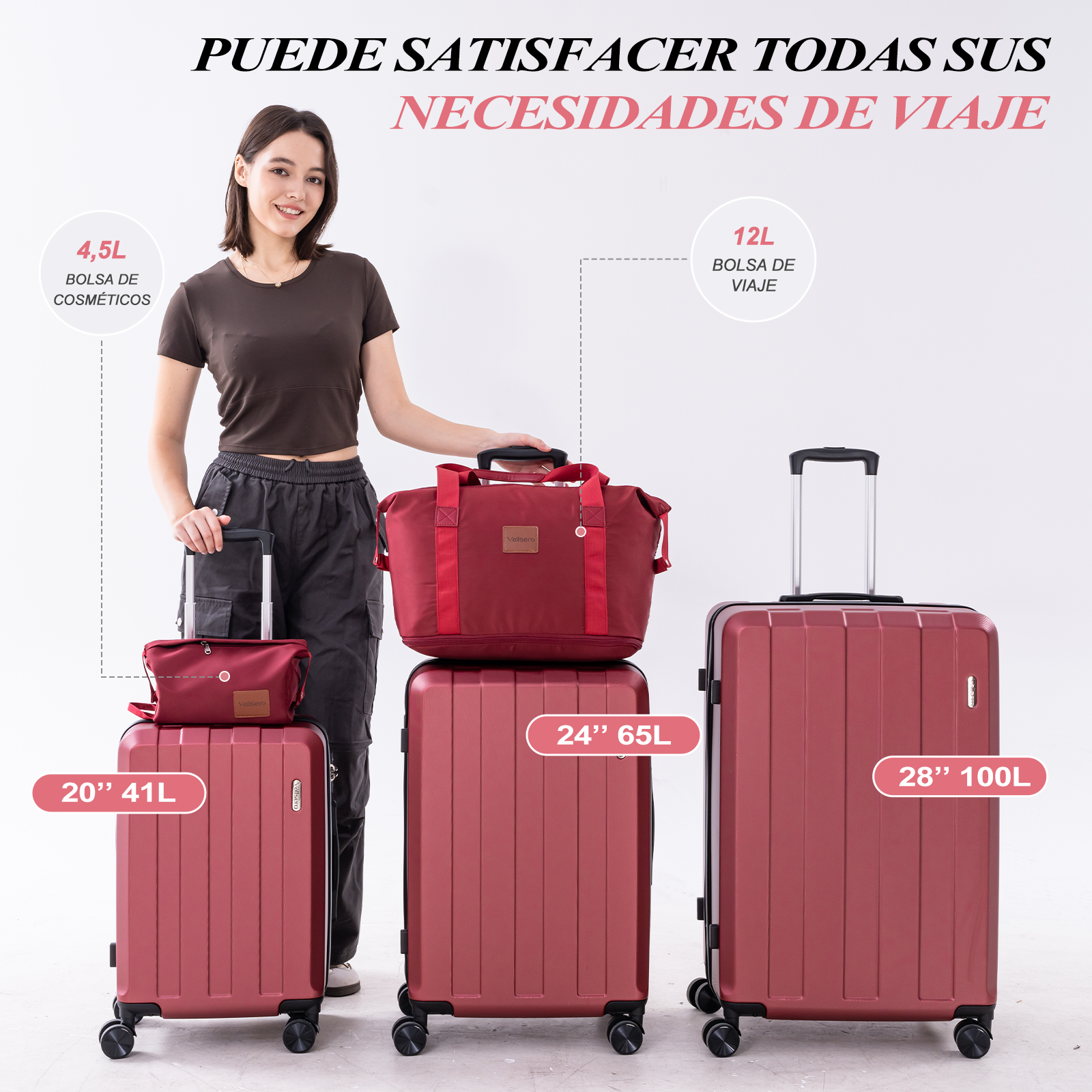 Una mujer está con varias maletas y bolsos rojos. El texto resalta tamaños y usos. El fondo es blanco.