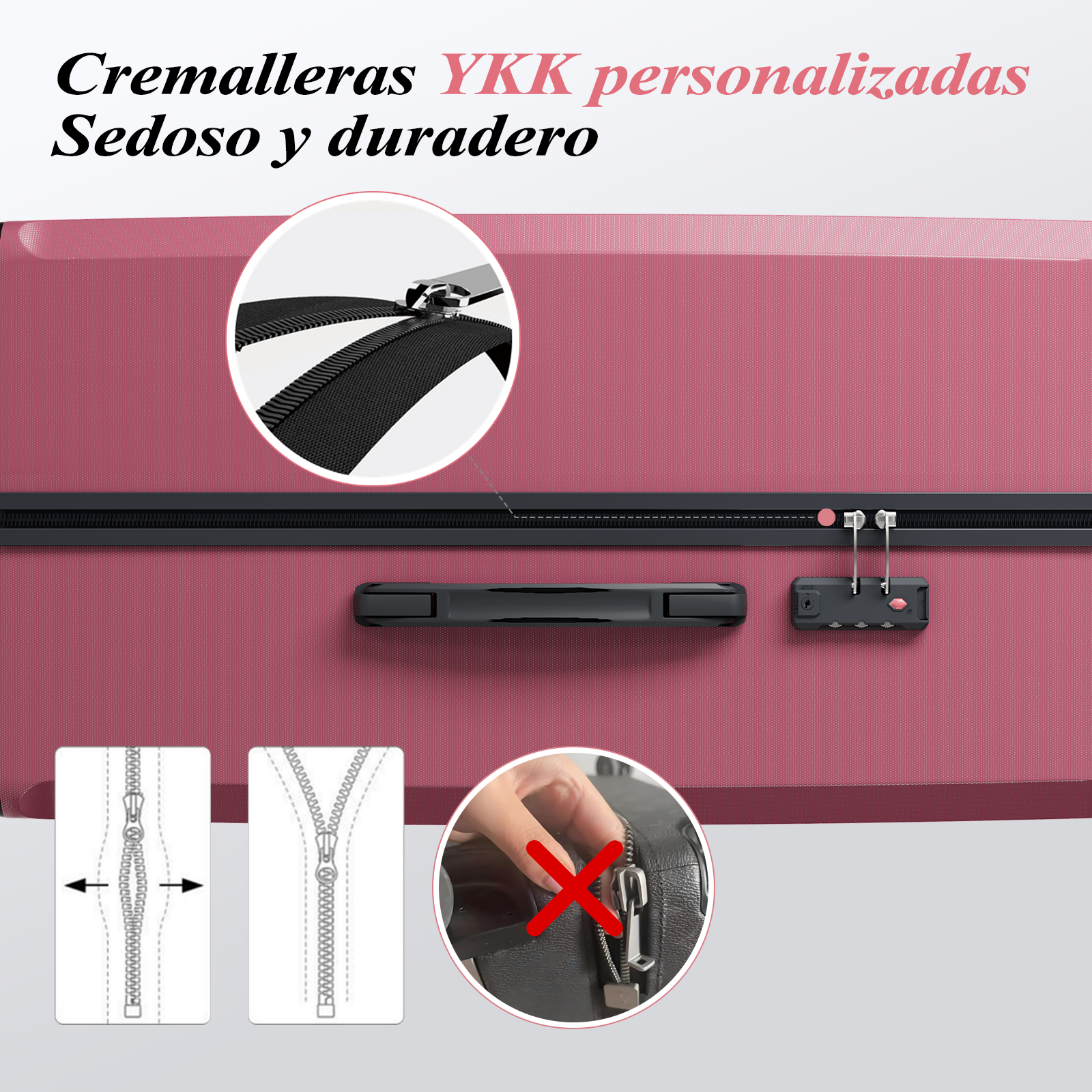 Maleta rosa con cremallera, asa y cerradura negras. Se destacan los detalles de la cremallera. Texto en español: Cremalleras YKK personalizadas.