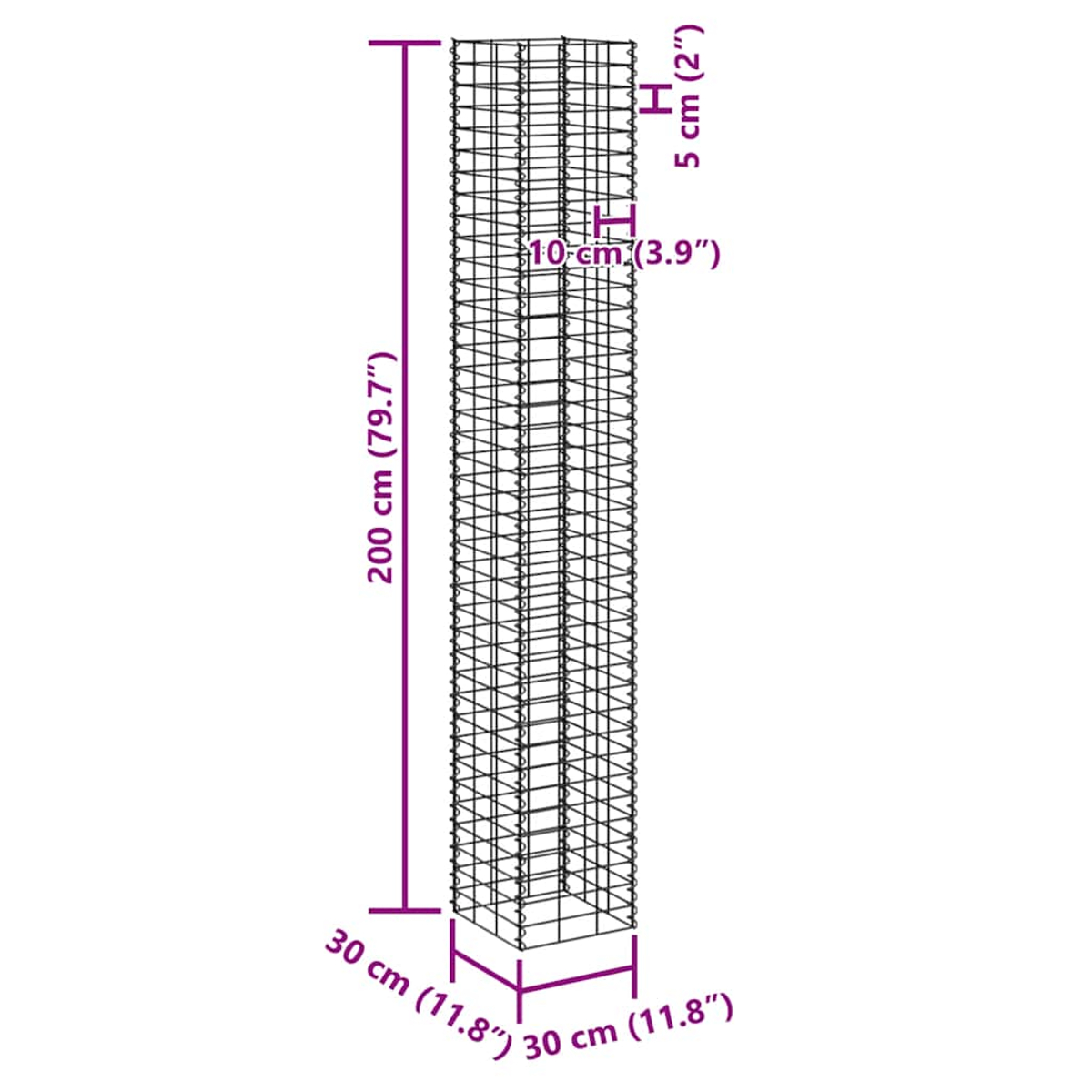 Eine rechteckige Metallgitterstruktur mit beschrifteten Abmessungen. Höhe 200 cm, Breite 30 cm, Höhe des kleinen Abschnitts 5 cm.