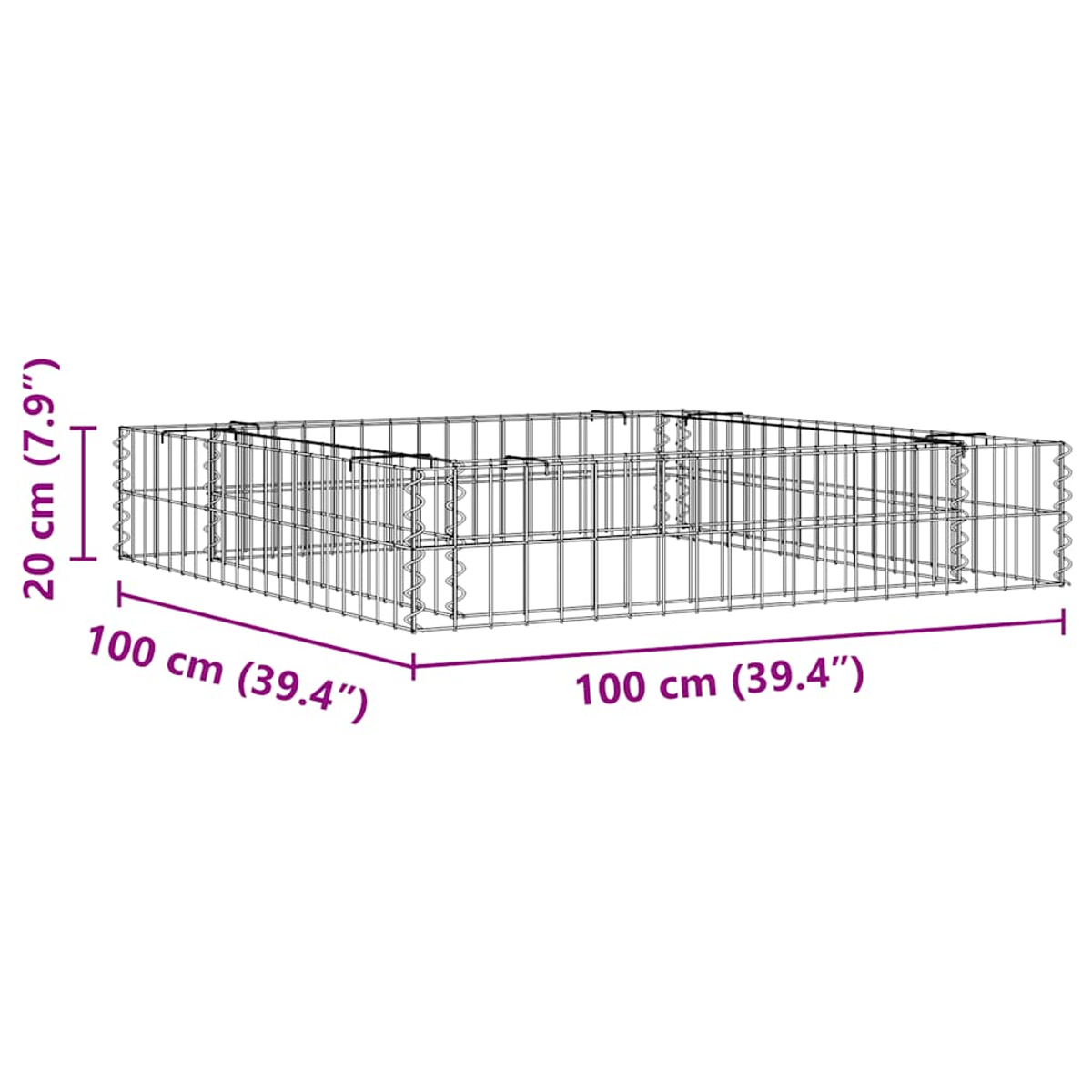 Ein rechteckiger Drahtgitter-Gabionenkorb. Abmessungen sind beschriftet: 100 cm (39,4") x 100 cm (39,4") x 20 cm (7,9").