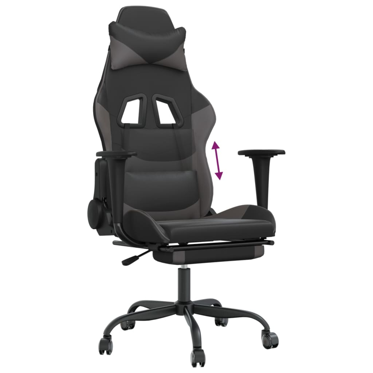 Ein schwarz-grauer Gaming-Stuhl. Er hat eine Kopfstütze, Armlehnen und eine Fußstütze. Der Stuhl steht auf Rollen.