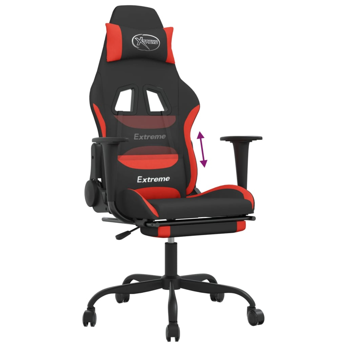 Ein schwarz-roter Gaming-Stuhl mit dem Wort "Extreme". Ein Pfeil zeigt die verstellbare Höhe der Armlehne an.