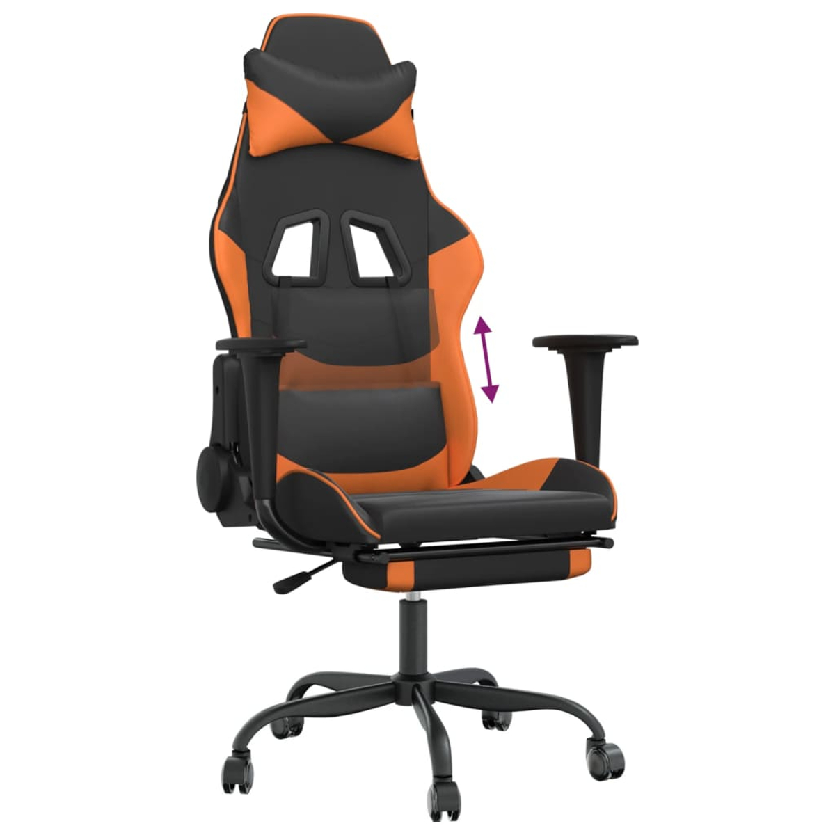 Gaming-Stuhl in Schwarz und Orange. Er hat eine Kopfstütze, Armlehnen und eine Fußstütze. Der Stuhl steht auf einem Fahrgestell.