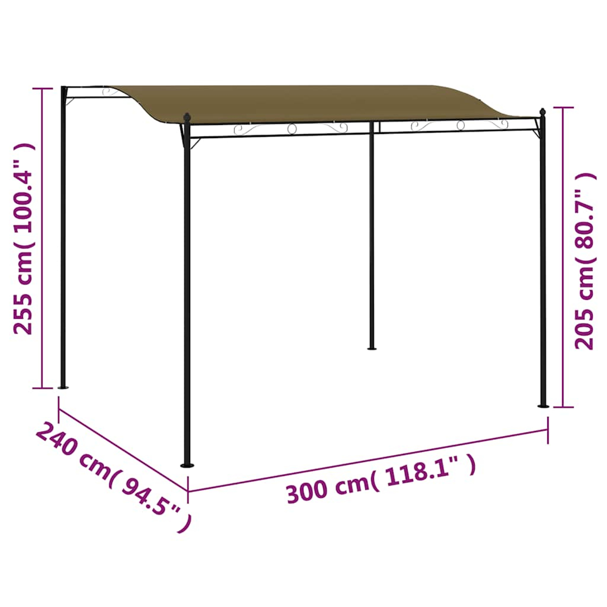 Ein braunes Vordach mit schwarzem Metallrahmen. Abmessungen sind angegeben: 255 cm hoch, 300 cm breit und 240 cm tief.
