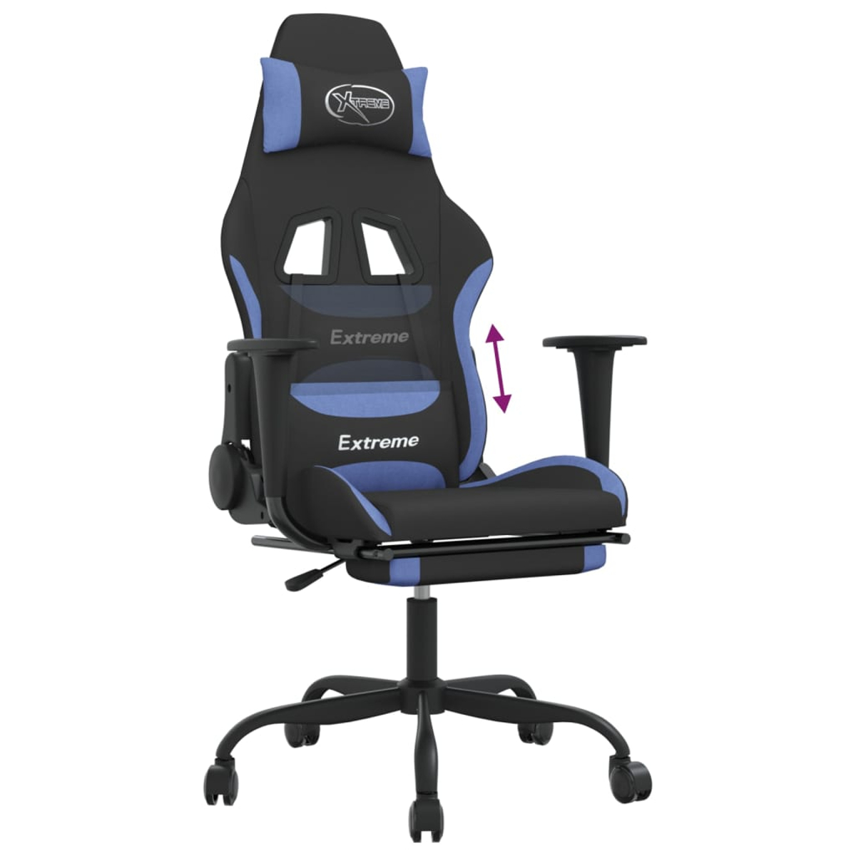 Ein schwarz-blauer Gaming-Stuhl mit dem Text 'Extreme'. Er hat eine Kopfstütze, verstellbare Armlehnen und ein schwarzes Gestell mit Rollen.