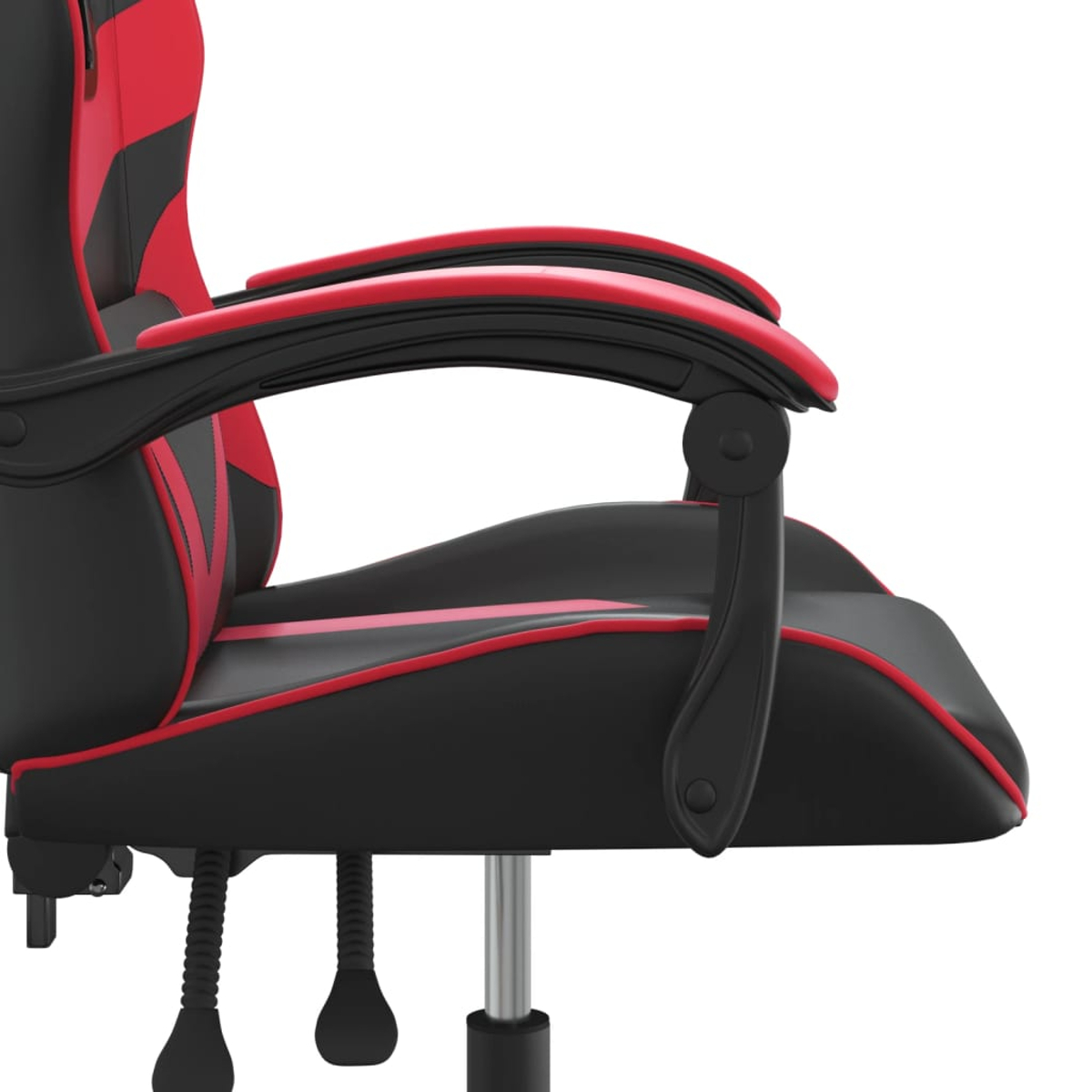 Nahaufnahme eines Gaming-Stuhls. Er ist schwarz mit roten Akzenten, einschließlich der Armlehnen und Teilen der Rückenlehne.
