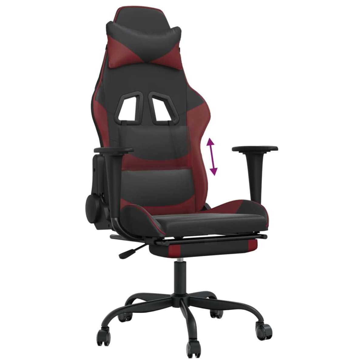 Ein Gaming-Stuhl, schwarz und weinrot, mit verstellbaren Armlehnen und Fußstütze. Der Stuhl hat eine Kopfstütze und steht auf Rollen.