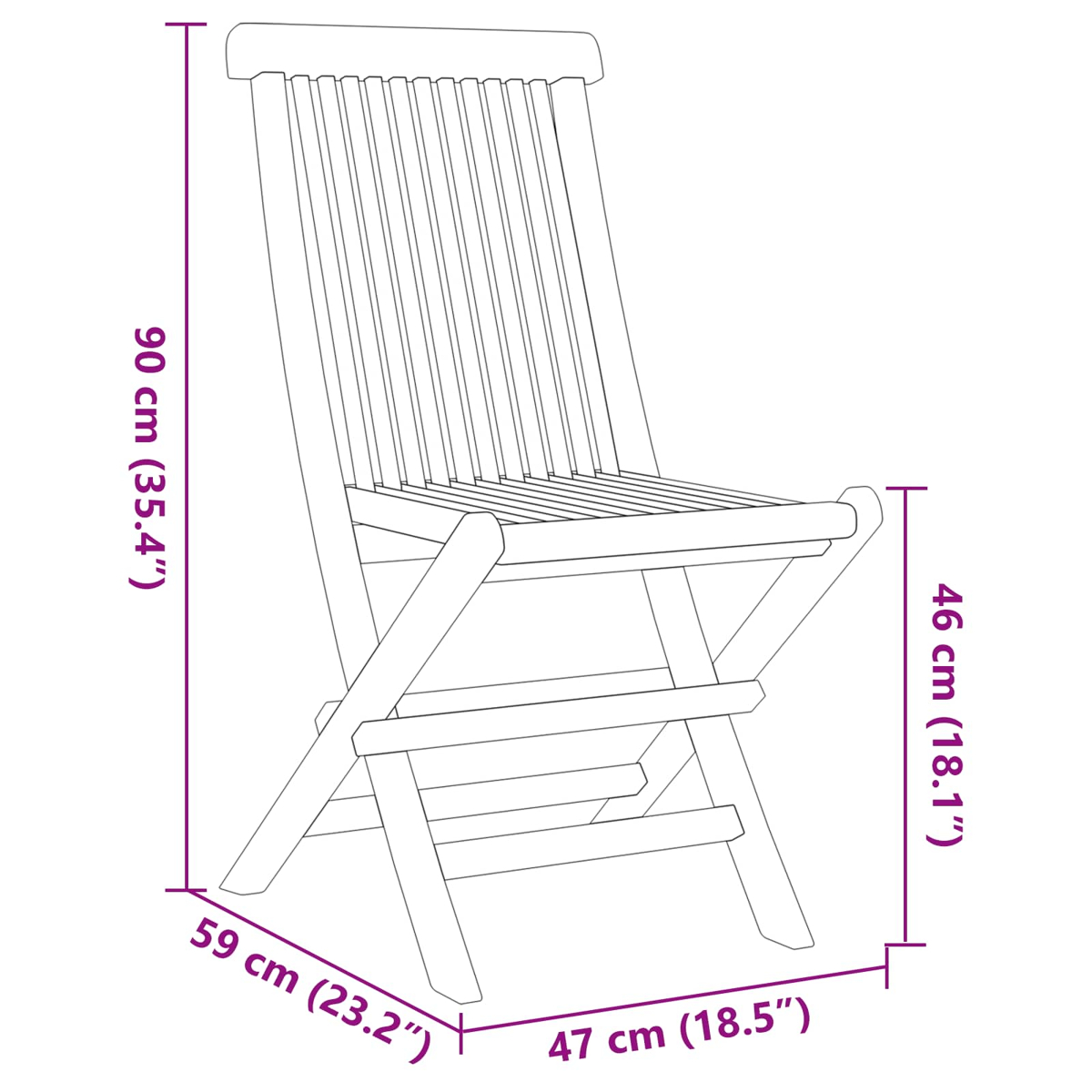 Ein Holzklappstuhl. Abmessungen: 90 cm Höhe, 46 cm Sitzhöhe, 59 cm Breite und 47 cm Tiefe.