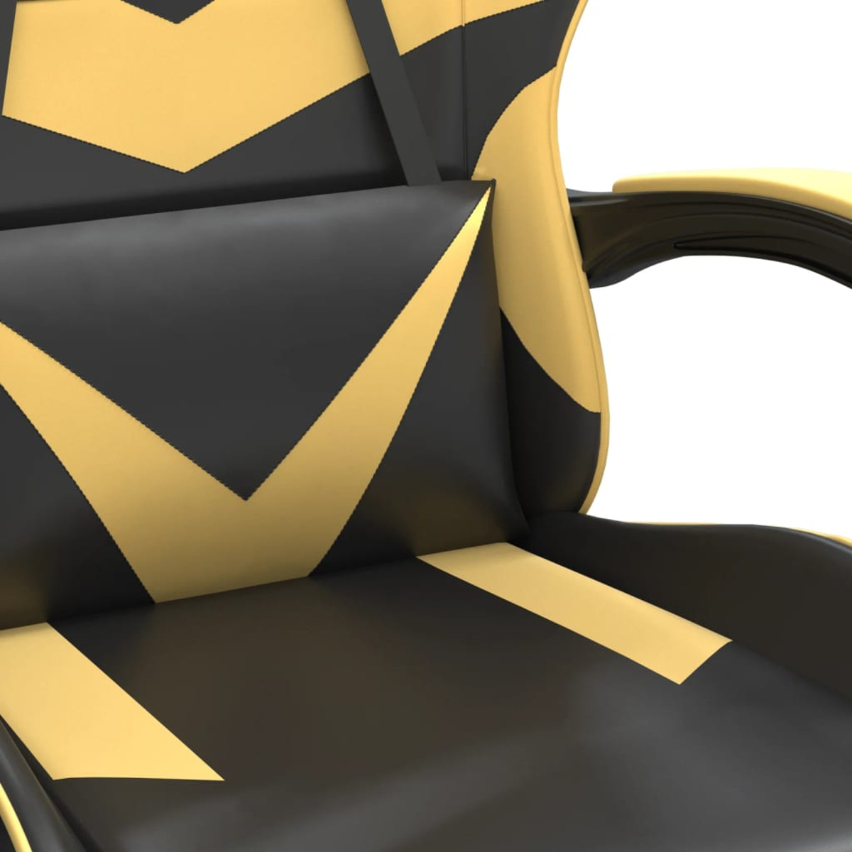 Nahaufnahme eines Gaming-Stuhls. Er ist schwarz mit gelben Akzenten in einem Chevron-Muster. Die Armlehnen sind gelb und der Hintergrund ist weiß.