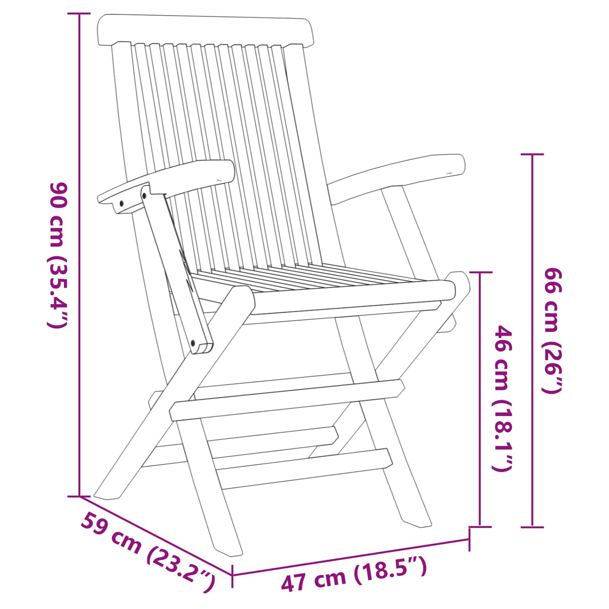 Un boceto de una silla plegable de madera con dimensiones en centímetros y pulgadas: altura 90cm, ancho 59cm, altura del asiento 46cm, profundidad 47cm.