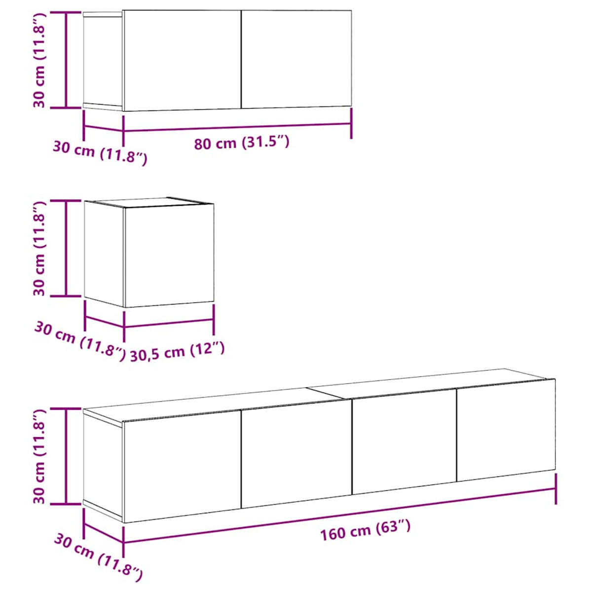 Diagramm von drei weißen Schränken mit Abmessungen. Der obere ist 80 cm breit, der mittlere ist ein Würfel und der untere ist 160 cm breit.