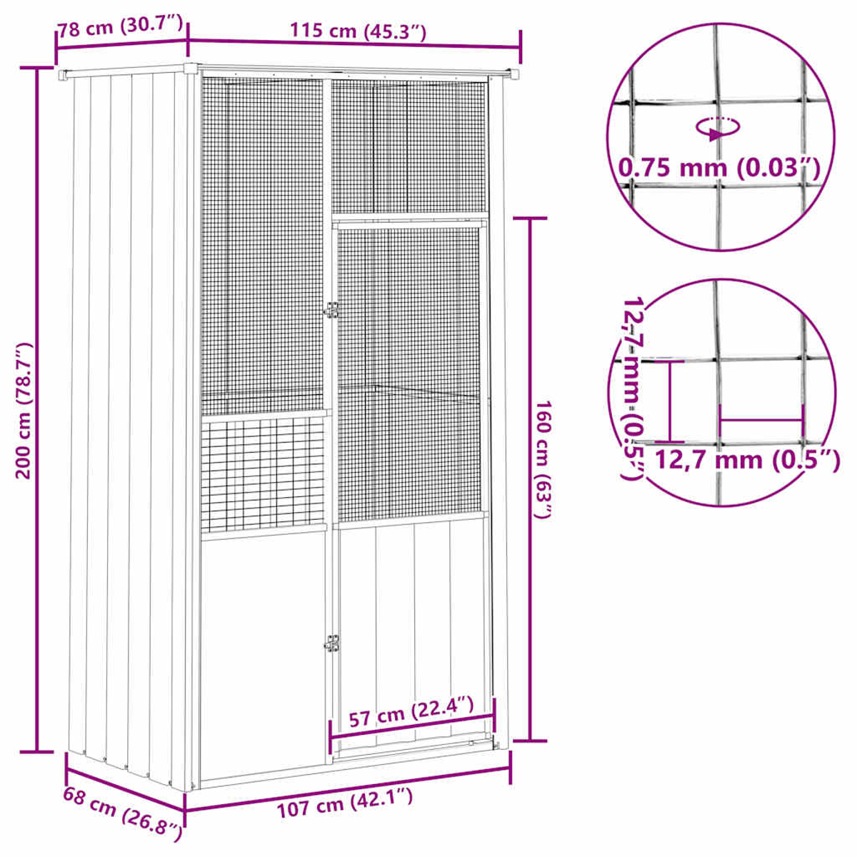 Ein weißer Vogelkäfig mit Gitter und Holzpaneelen. Abmessungen sind angegeben. Zwei Nahaufnahmen zeigen Gitter- und Drahtdetails.