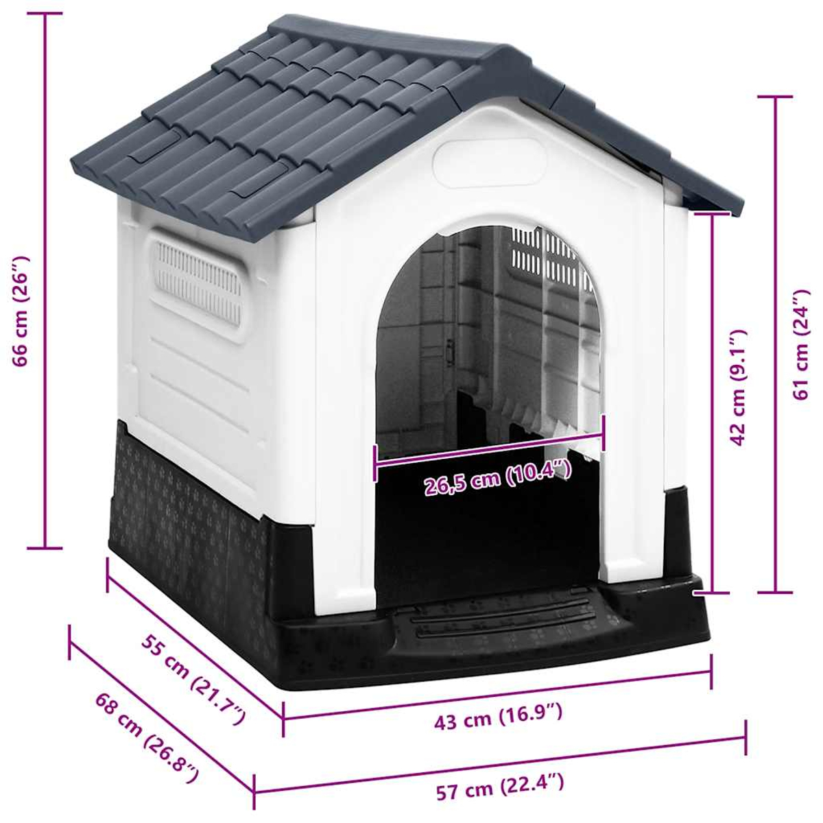Ein weißes und schwarzes Hundehaus aus Kunststoff mit grauem Dach. Maße sind in cm und Zoll angegeben.