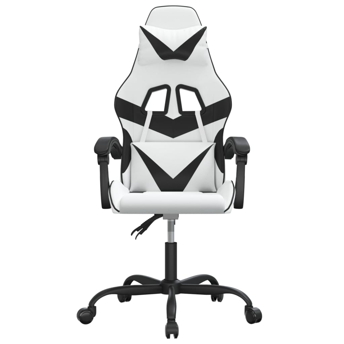 Ein weißer Gaming-Stuhl mit schwarzen Akzenten. Er hat ein Kopfstützenkissen und ein Rückenkissen. Der Stuhl steht auf einem schwarzen Untergestell mit Rädern.