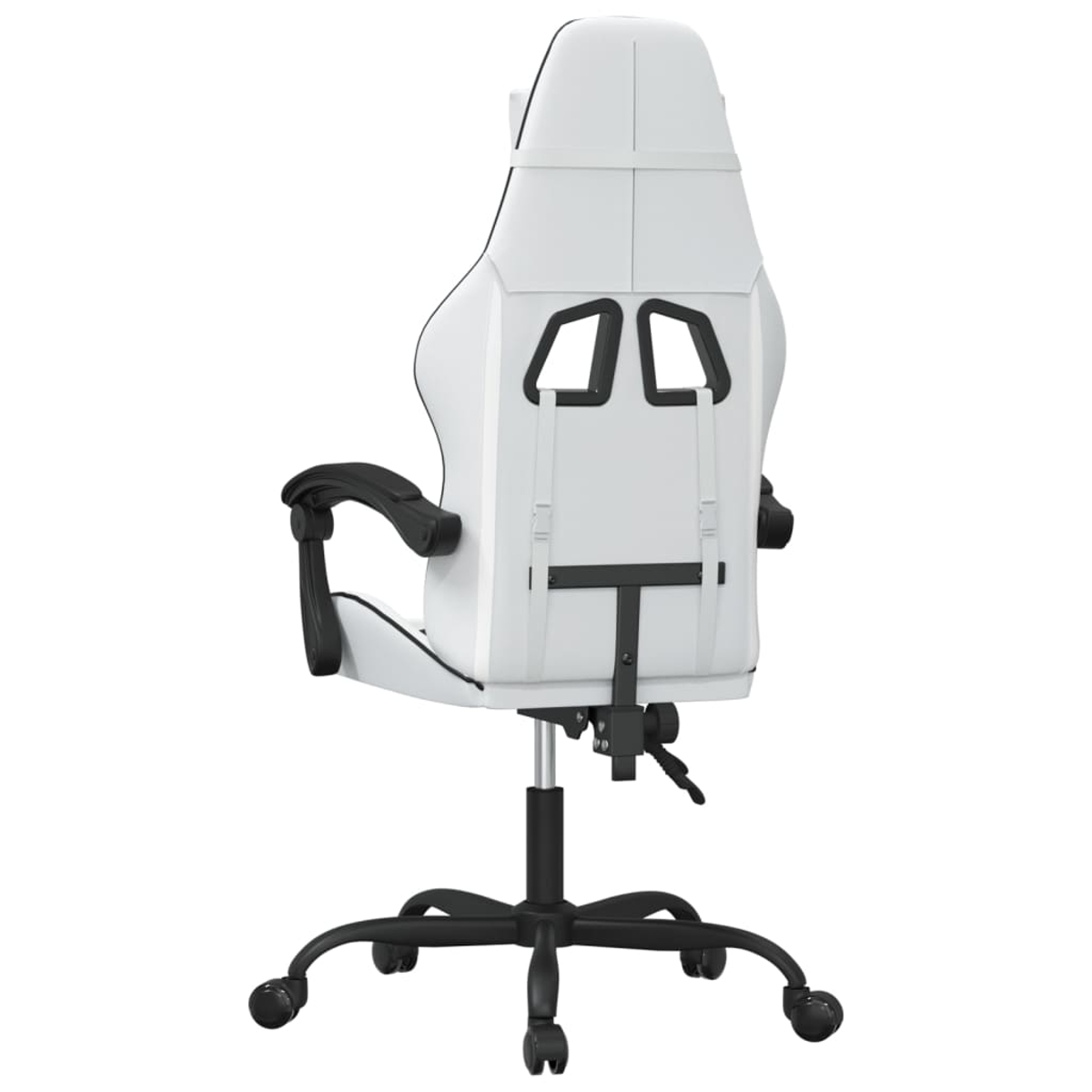 Ein weißer Gaming-Stuhl von hinten gesehen. Er hat schwarze Armlehnen und ein schwarzes Gestell mit Rollen. Der Stuhl hat ein T-förmiges Design.