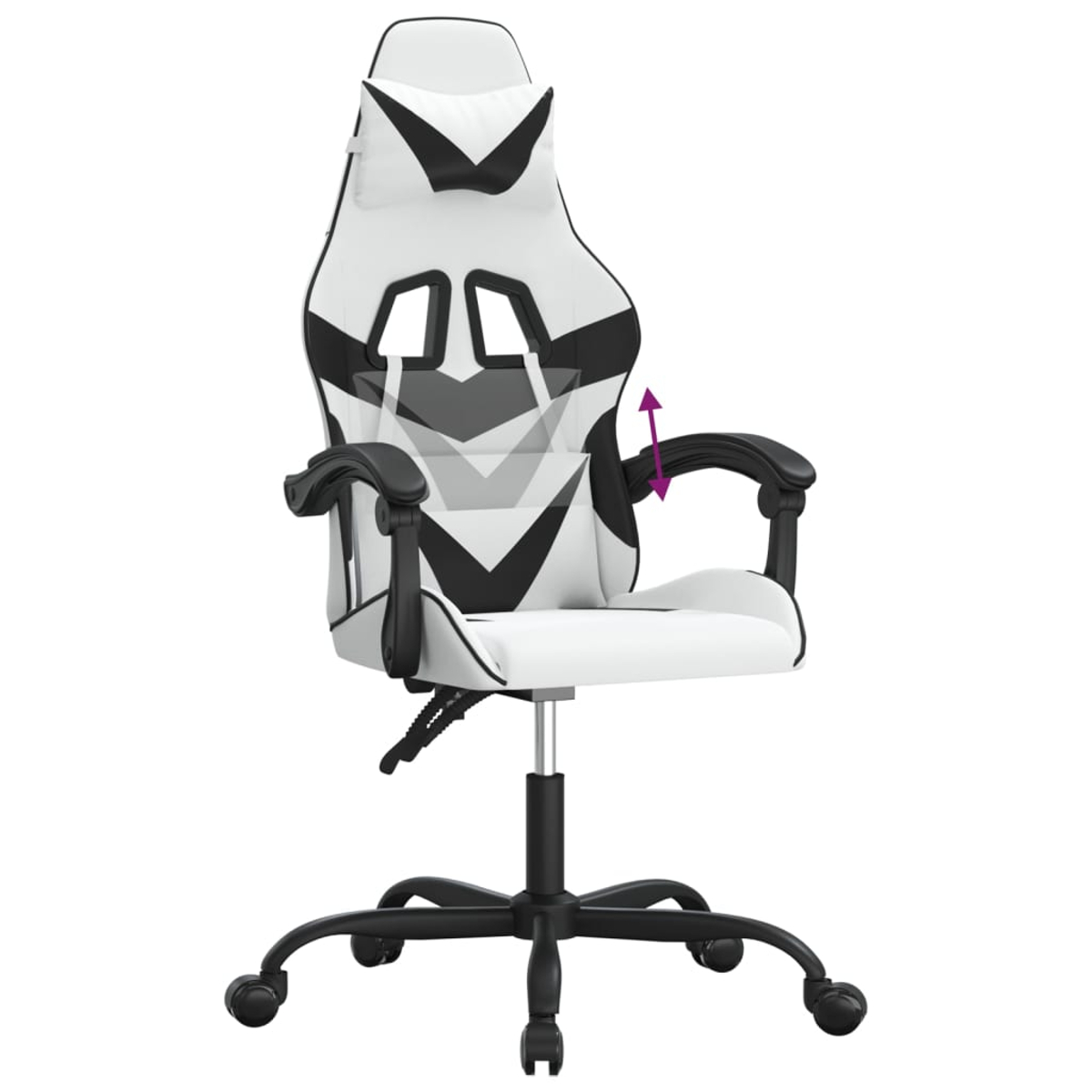 Ein weiß-schwarzer Gaming-Stuhl wird gezeigt. Er hat eine Kopfstütze und Armlehnen. Der Stuhl steht auf einem schwarzen Sockel mit Rädern.