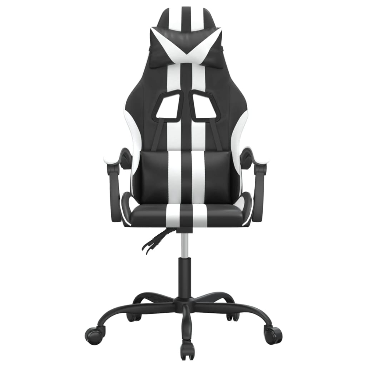 Ein schwarz-weißer Gaming-Stuhl. Er hat weiße Streifen auf schwarzem Grund. Der Stuhl hat Armlehnen und ein Fünf-Rollen-Gestell.