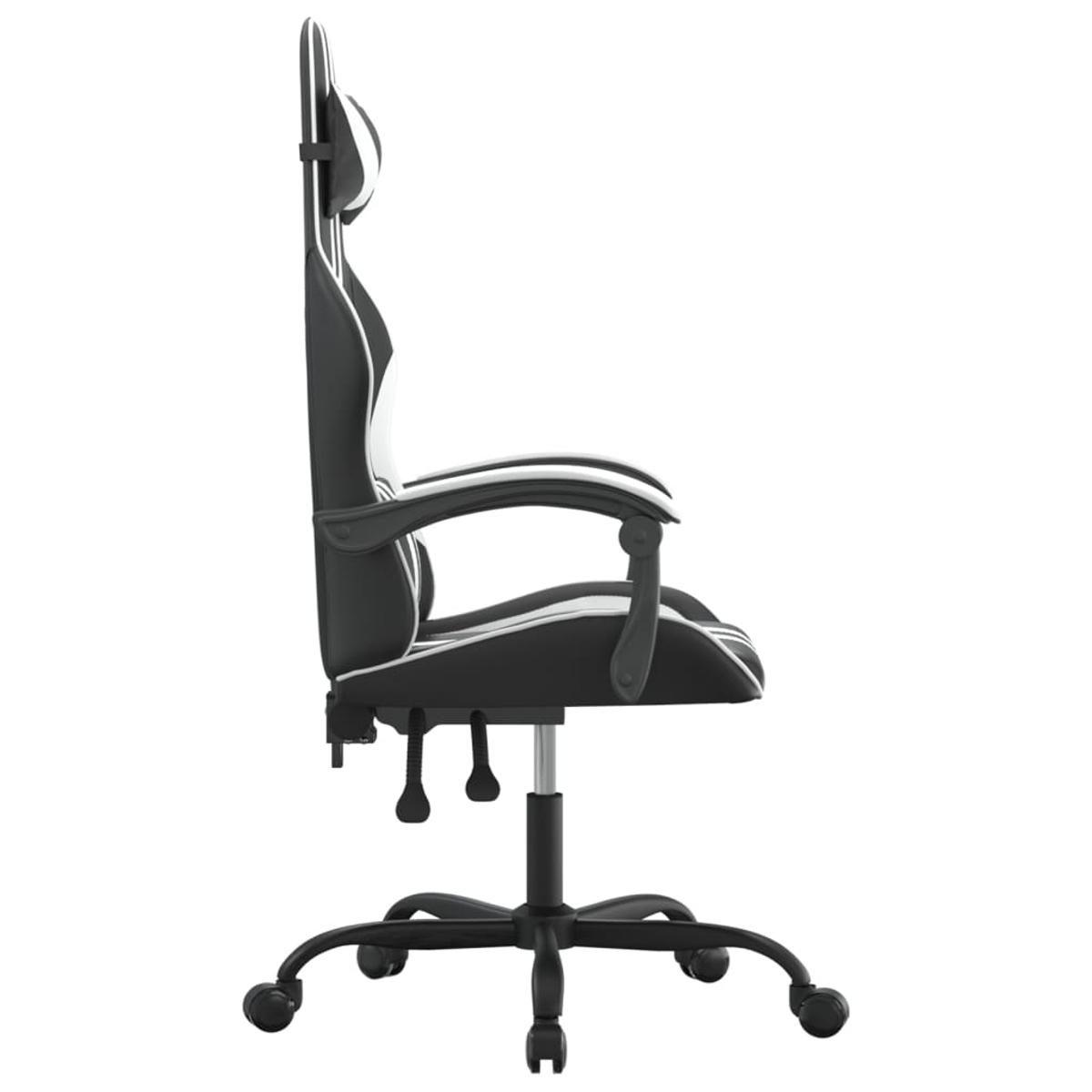 Seitenansicht eines schwarz-weißen Gaming-Stuhls. Er hat eine hohe Rückenlehne, Armlehnen und ein Fünf-Sterne-Gestell mit Rollen. Weiße Details.