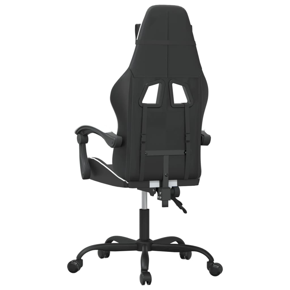 Schwarzer Gaming-Stuhl von hinten gesehen. Er hat eine hohe Rückenlehne, Armlehnen und ein Fünf-Rad-Gestell. Der Hintergrund ist weiß.