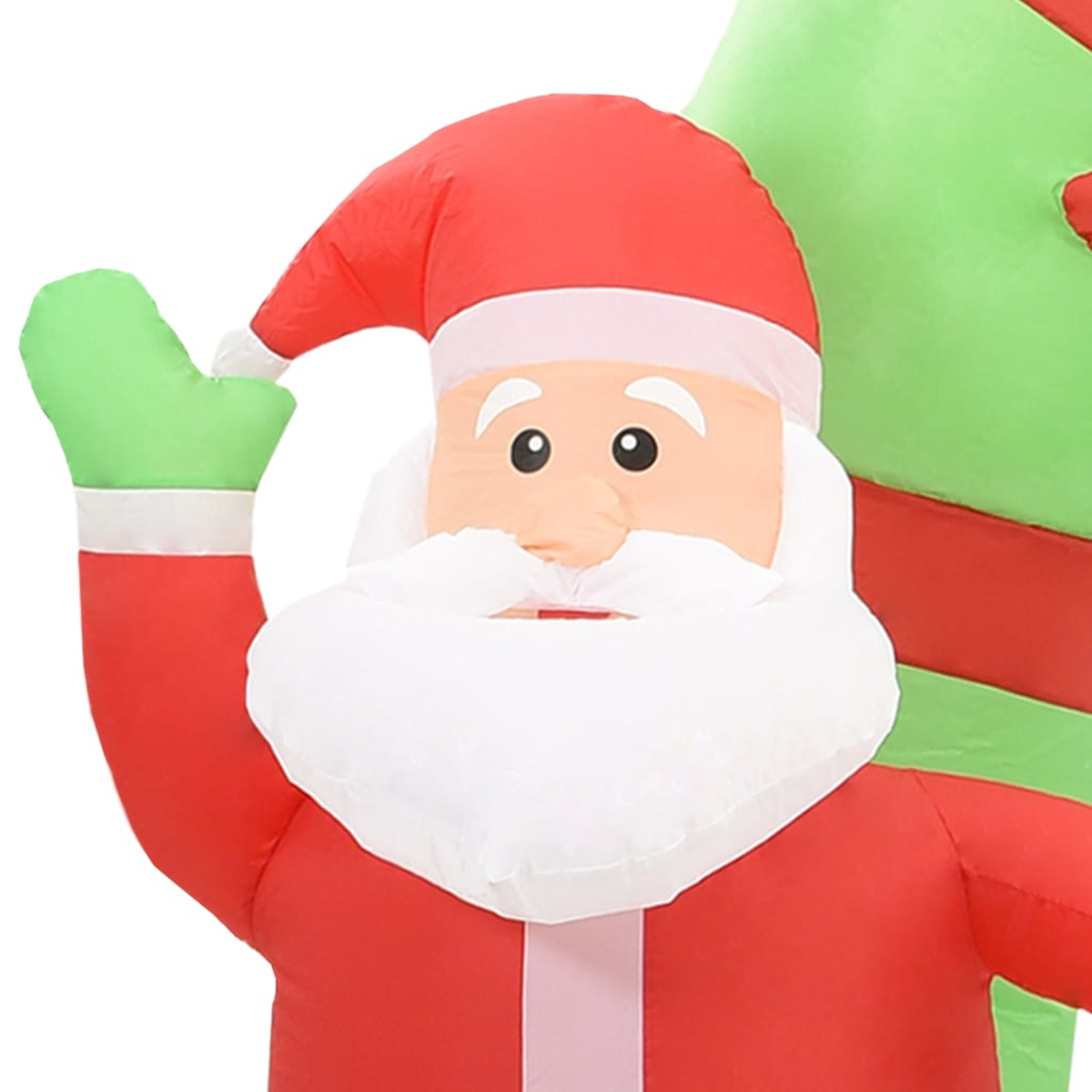 Aufblasbarer Weihnachtsmann mit winkendem grünem Handschuh. Er trägt einen roten Anzug, einen Hut und hat einen weißen Bart und einen grünen Baum hinter sich.