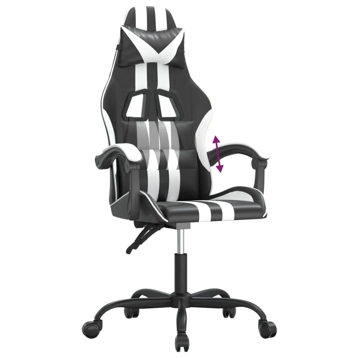 Ein schwarz-weißer Gaming-Stuhl. Er hat eine hohe Rückenlehne, Armlehnen und ein Fünf-Rad-Gestell. Ein Pfeil zeigt die verstellbare Armlehne an.