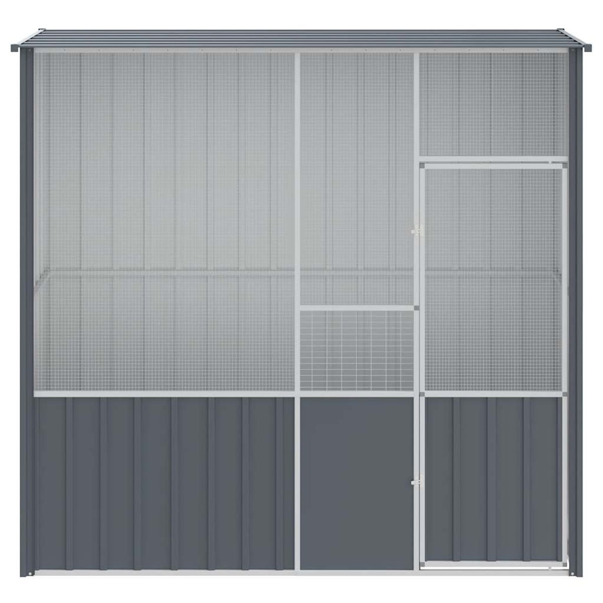 Ein graues Vogelhaus aus Metall. Es hat ein Drahtgeflecht, eine Tür und ein graues Metalldach mit grauem Metallsockel.