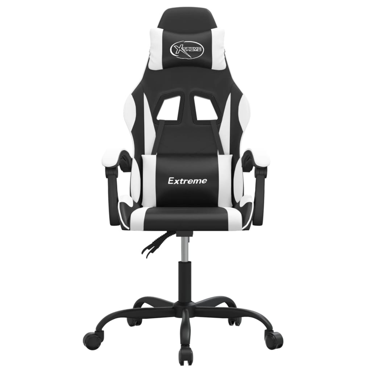Ein schwarz-weißer Gaming-Stuhl mit dem Wort "Extreme". Er hat Räder und Armlehnen. Die Kopfstütze trägt "Xtreme".