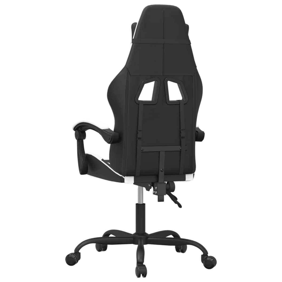 Ein schwarz-weißer Gaming-Stuhl von hinten. Er hat eine hohe Rückenlehne, Armlehnen und ein Fünf-Rollen-Gestell. Der Hintergrund ist weiß.