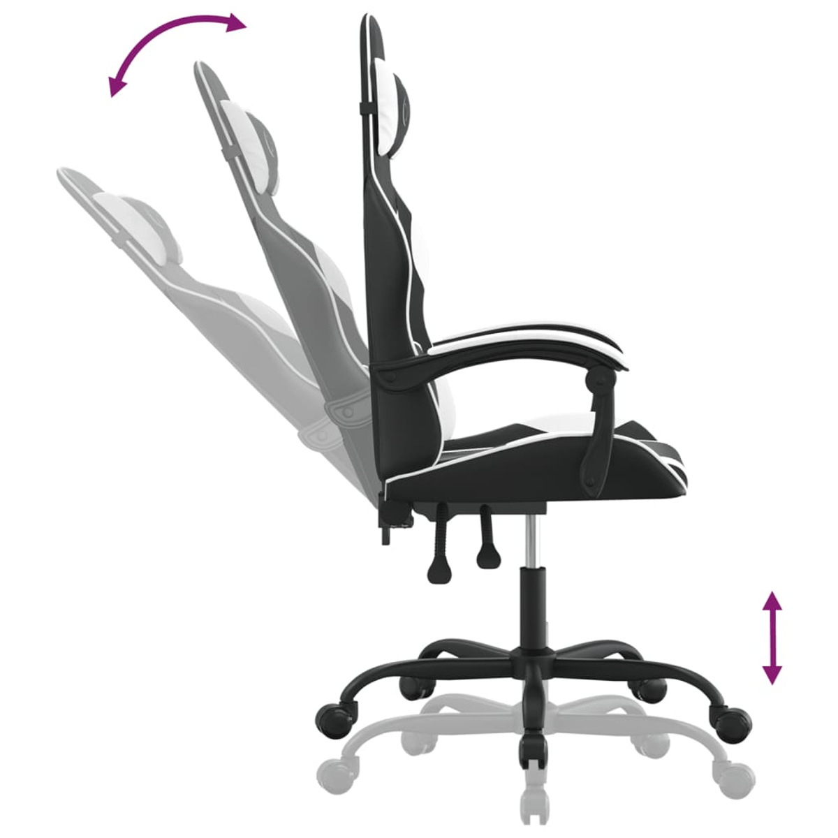 Schwarzer und weißer Gaming-Stuhl mit verstellbarer Höhe und Rückenlehne. Pfeile zeigen Neigung und Höhenverstellung an.
