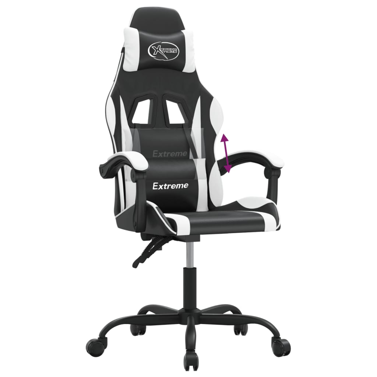 Ein schwarz-weißer Gaming-Stuhl mit dem Wort 'Extreme'. Er hat eine Kopfstütze mit dem Wort 'Xtreme'.