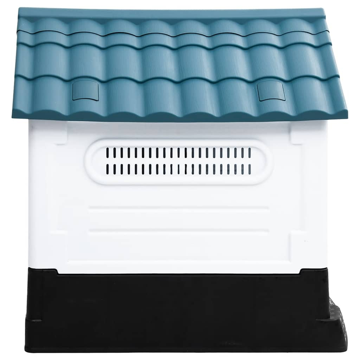 Ein weißes und schwarzes Vogelhaus mit einem teal-farbenen Dach. Das Dach hat ein Kachelmuster. In der Mitte des Hauses befindet sich eine Entlüftung.