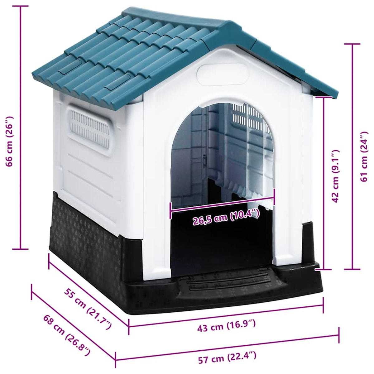 Ein weißes und schwarzes Hundehaus aus Kunststoff mit blauem Dach. Maße sind in Zentimetern und Zoll angegeben.