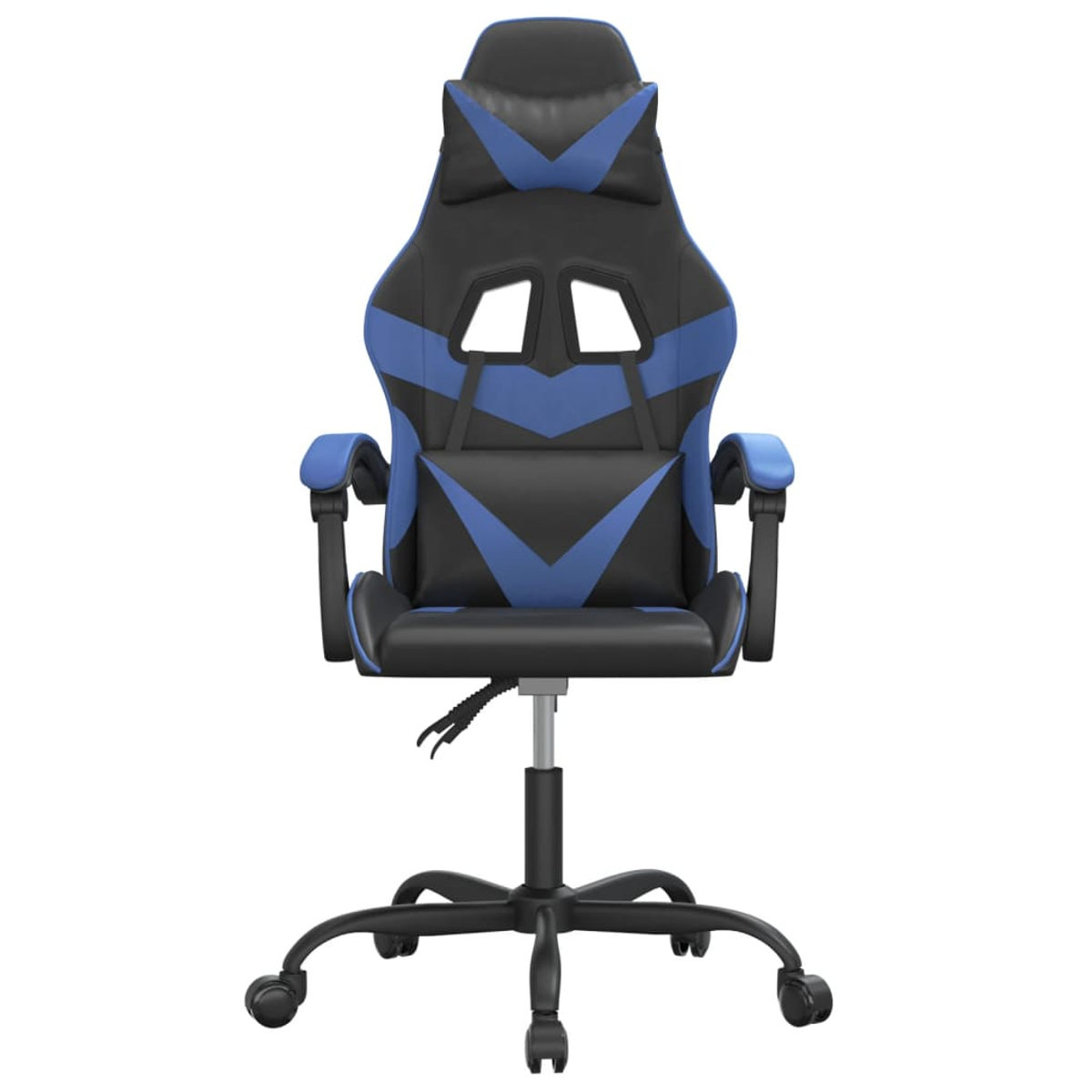Ein Gaming-Stuhl mit schwarzem und blauem Design. Er hat eine hohe Rückenlehne, Armlehnen und ein Fünf-Rad-Gestell. Er ist freigestellt.