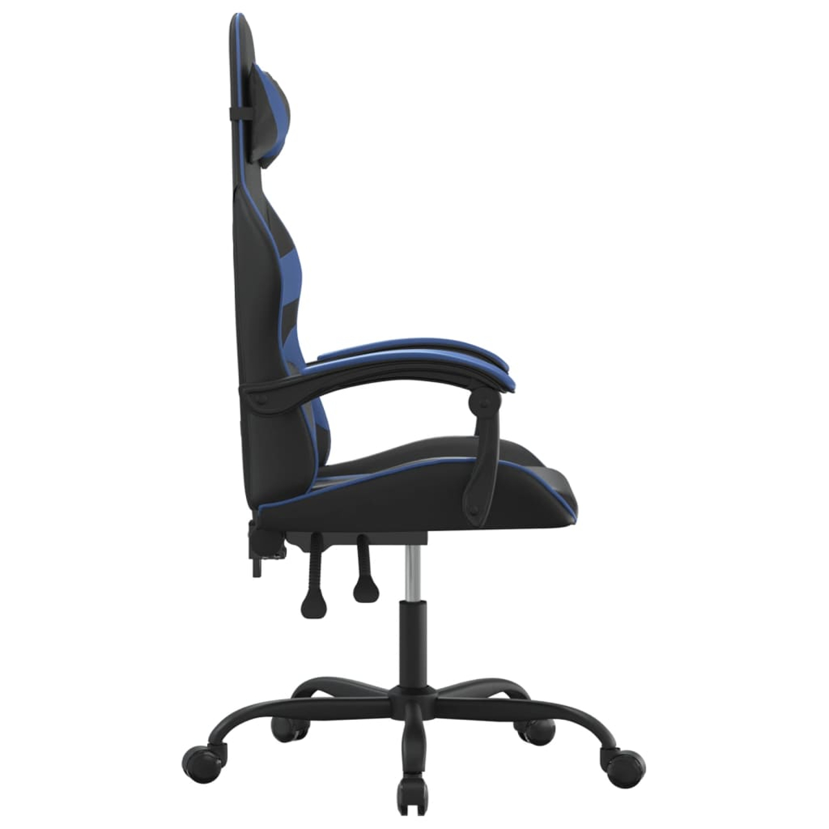 Seitenansicht eines schwarz-blauen Gaming-Stuhls auf weißem Hintergrund. Der Stuhl hat eine Kopfstütze, Armlehnen und ein Fünf-Rad-Gestell.