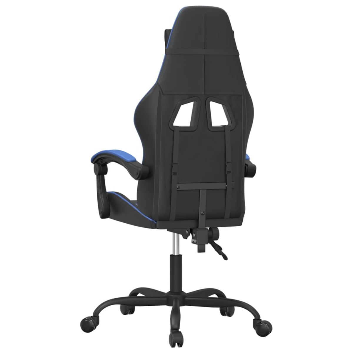Rückansicht eines Gaming-Stuhls. Schwarz und blau. Merkmale sind Kopfstütze, Rückenlehne, Armlehnen und ein Fünf-Rollen-Fuß.