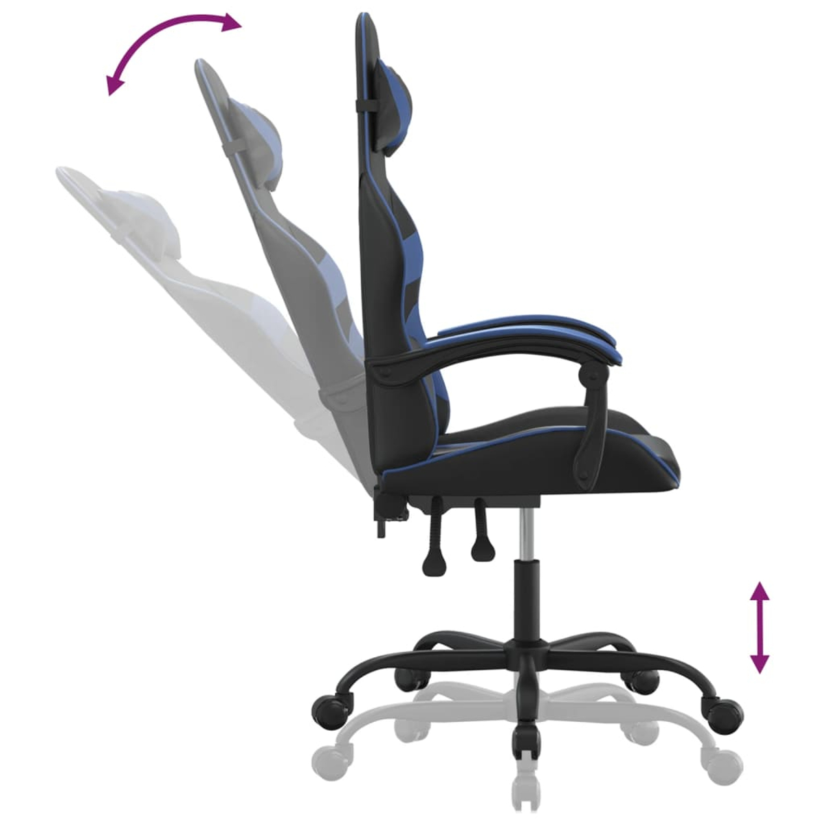 Schwarzer und blauer Gaming-Stuhl auf Weiß. Der Stuhl hat eine verstellbare Höhe und Rückenlehne. Pfeile zeigen die Verstellrichtungen an.
