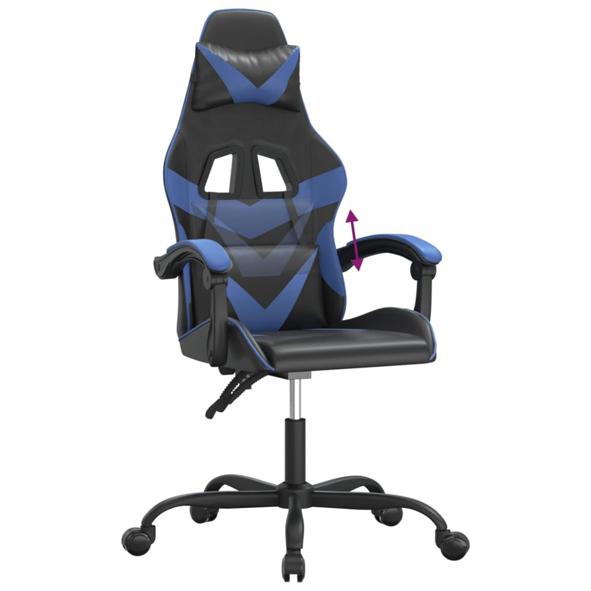 Ein Gaming-Stuhl mit schwarzem und blauem Design. Er hat eine Kopfstütze, Armlehnen und ein Fünf-Rollen-Gestell. Die Armlehnen sind höhenverstellbar.