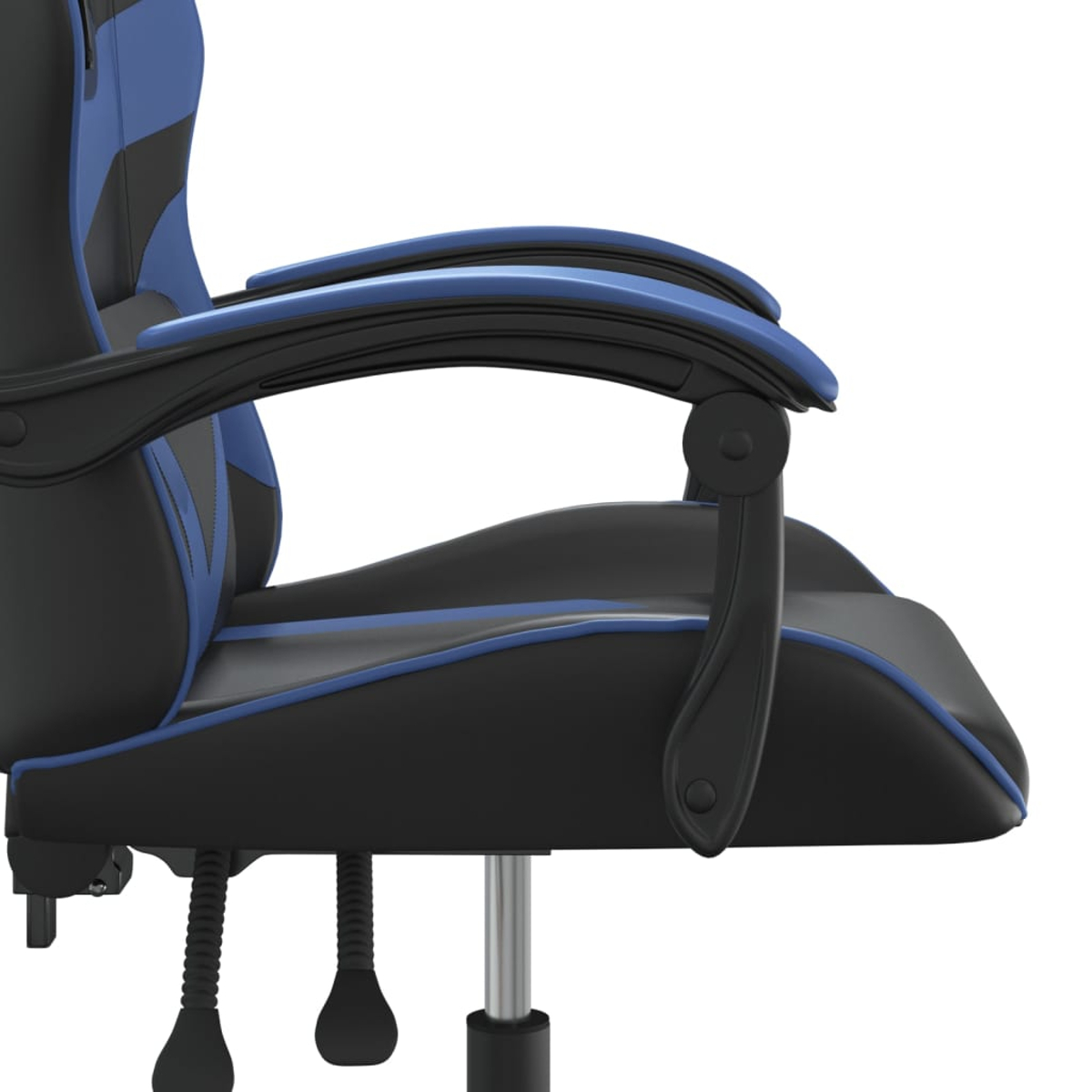 Seitenansicht des Gaming-Stuhls. Schwarzes und blaues Farbschema. Armlehnen, Sitz und Rückendetail. Chrombasis, schwarze Beine.
