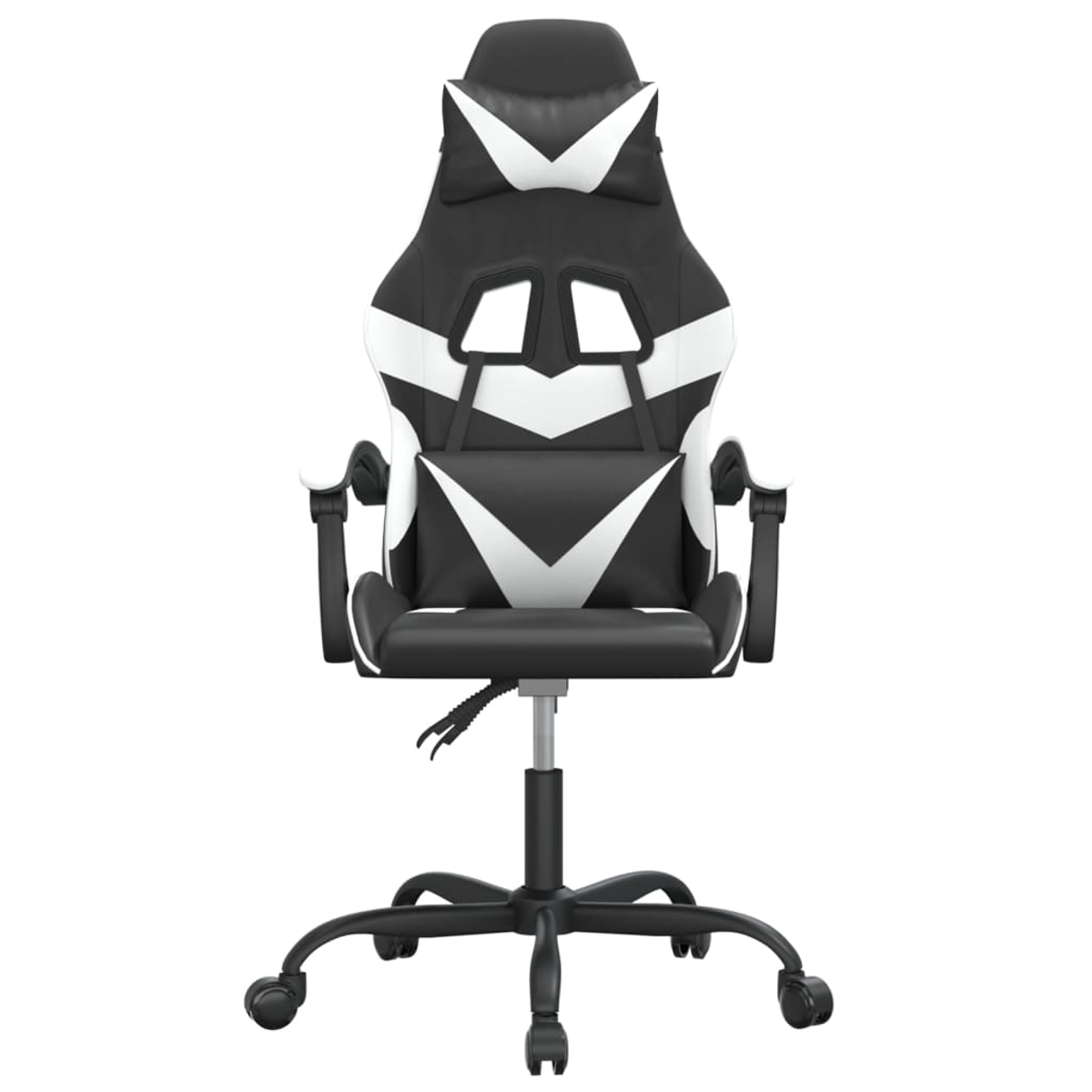 Ein schwarz-weißer Gaming-Stuhl. Er hat eine hohe Rückenlehne mit weißen Akzenten und ein schwarzes Untergestell mit Rädern.