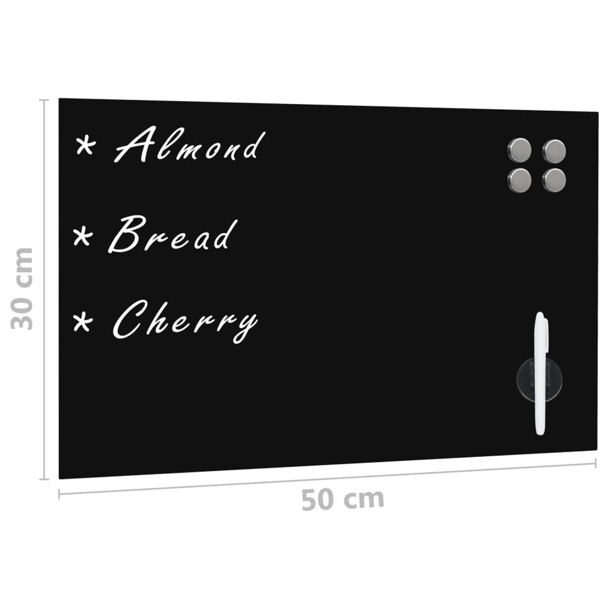 Eine schwarze rechteckige Tafel mit weißem Text: Almond, Bread, Cherry. Vier Magnete und ein Stift sind angebracht.