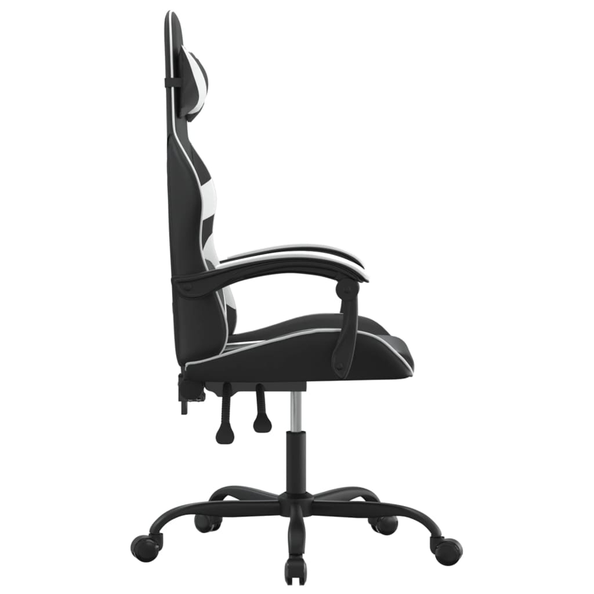 Seitenansicht eines schwarz-weißen Gaming-Stuhls. Er hat eine hohe Rückenlehne, Armlehnen und ein Gestell mit Rollen, vor weißem Hintergrund.