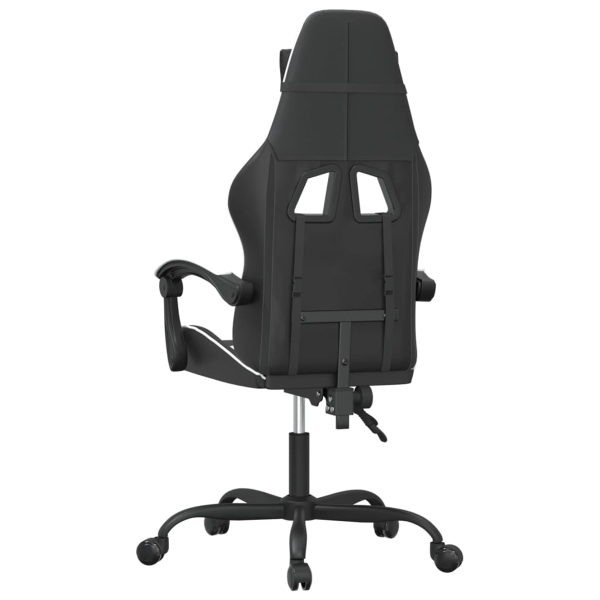 Schwarzer Gaming-Stuhl, Rückansicht. Merkmale sind ein hoher Rücken, Armlehnen und ein Fünf-Rollen-Fuß. Weißer Hintergrund.
