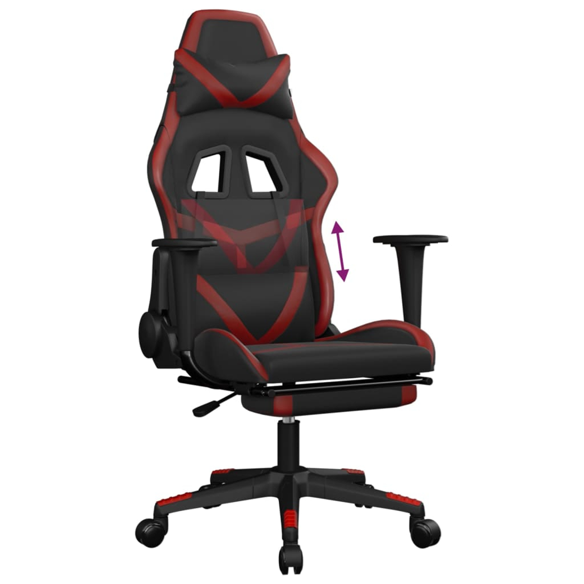 Gaming-Stuhl. Schwarz und rot. Höhenverstellbare Armlehnen und Kopfstütze. Fünf-Sterne-Basis mit Rädern.