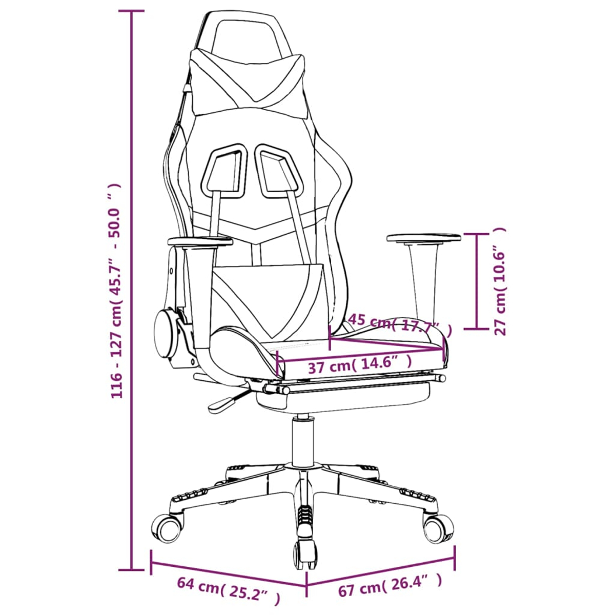 Strichzeichnung eines Gaming-Stuhls mit Abmessungen: Höhe 116-127 cm, Breite 64-67 cm und Sitzbreite 37 cm. Armlehnenhöhe 27 cm.