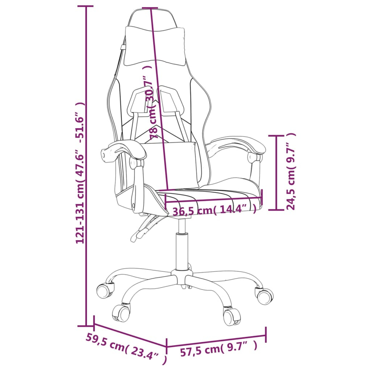 Diagramm eines Gaming-Stuhls mit Abmessungen in Zentimetern und Zoll. Maße umfassen Höhe, Breite und Sitzgröße.